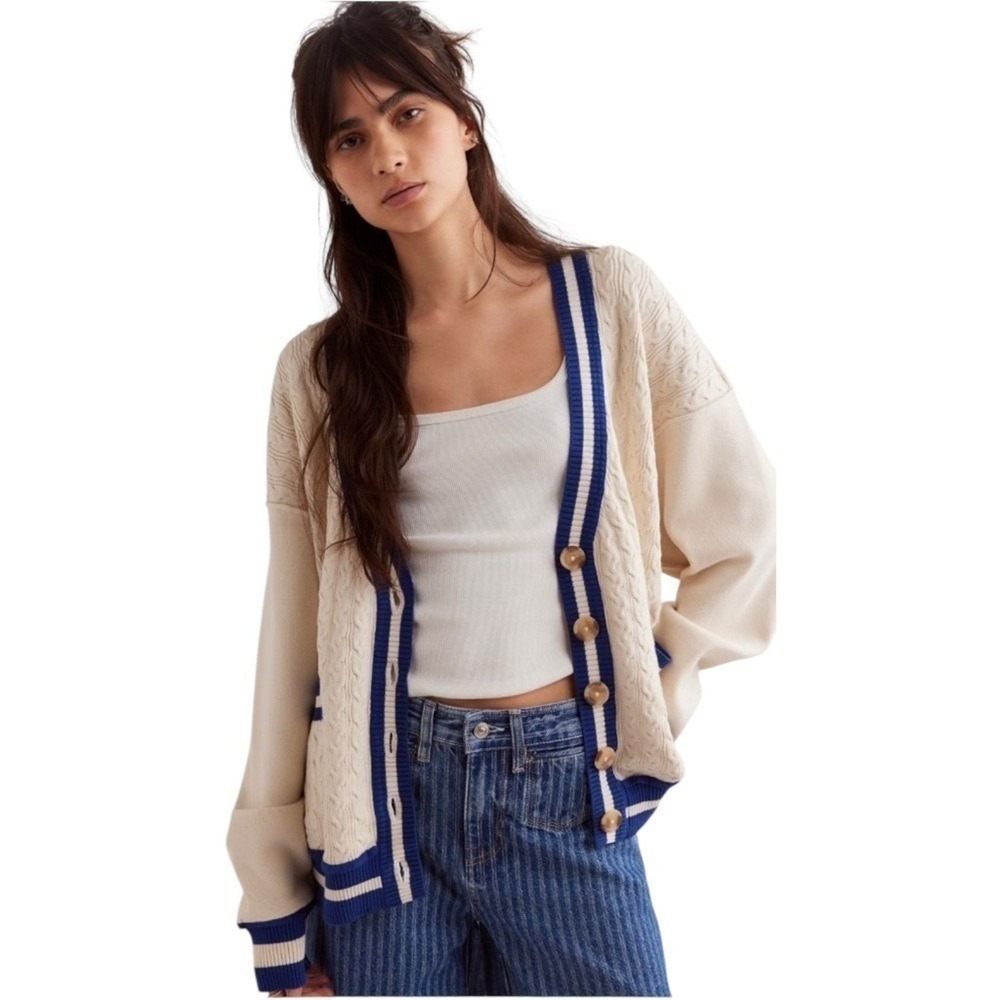 NWT Free People We The Free‎ Varsity Cardigan Cream Oversized Cable Knit Sweater